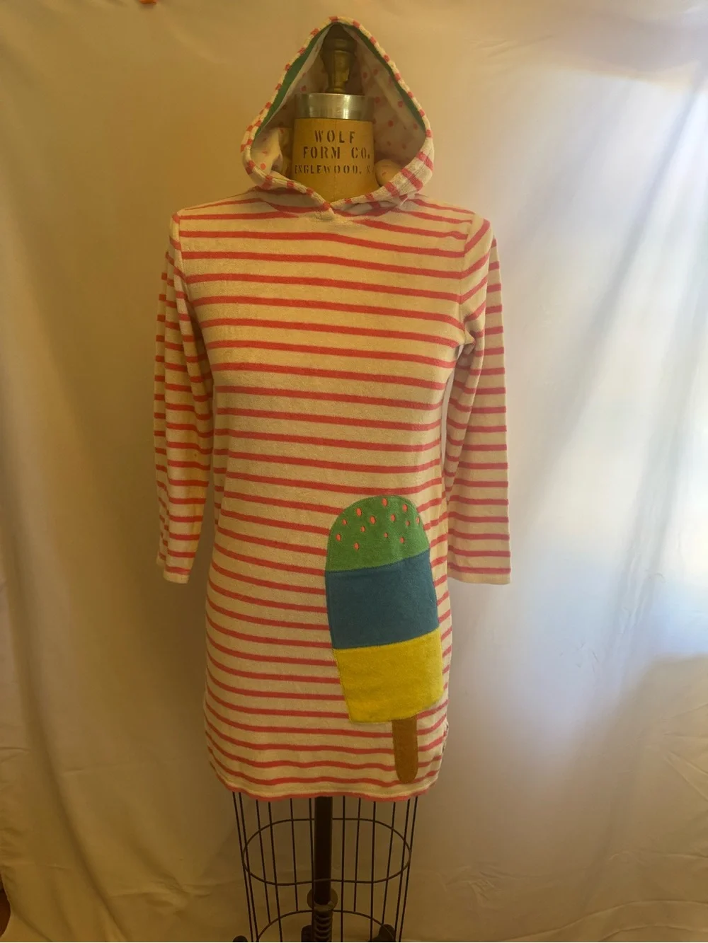 Mini Boden RARE Pink & Cream Striped Hooded Swim Coverup with Popsicle Appliquéd